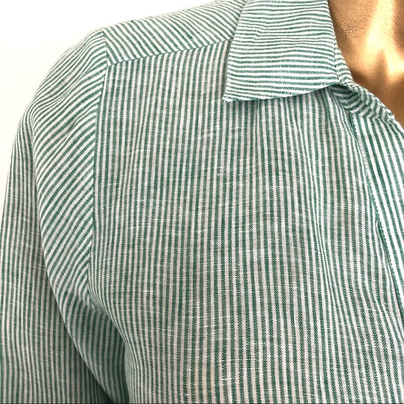 HARSHMAN 100% LINEN GREEN STRIPE TUNIC DRESS   M - Picture 7 of 8